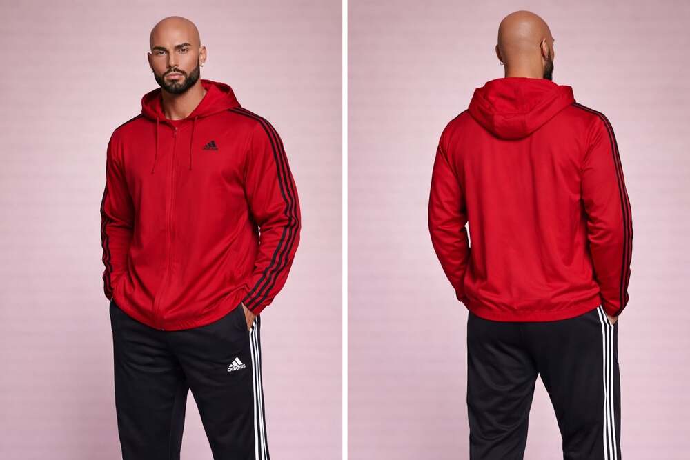 Adidas Men's Red 3-Stripe Mesh-Lined Performance Full-Zip Windbreaker Hoodie